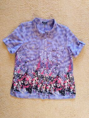 Notations Women's Top Purple Floral Print Short Tab Sleeve Button Up Blouse Sz L